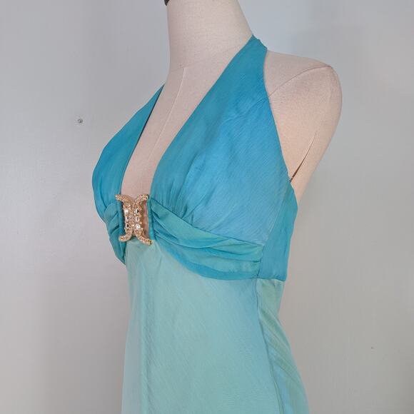 Vintage Cache Prom Dress Maxi Gown 6 Blue Green Y2K Fairy Mermaid Ombre Halter - Picture 2 of 13